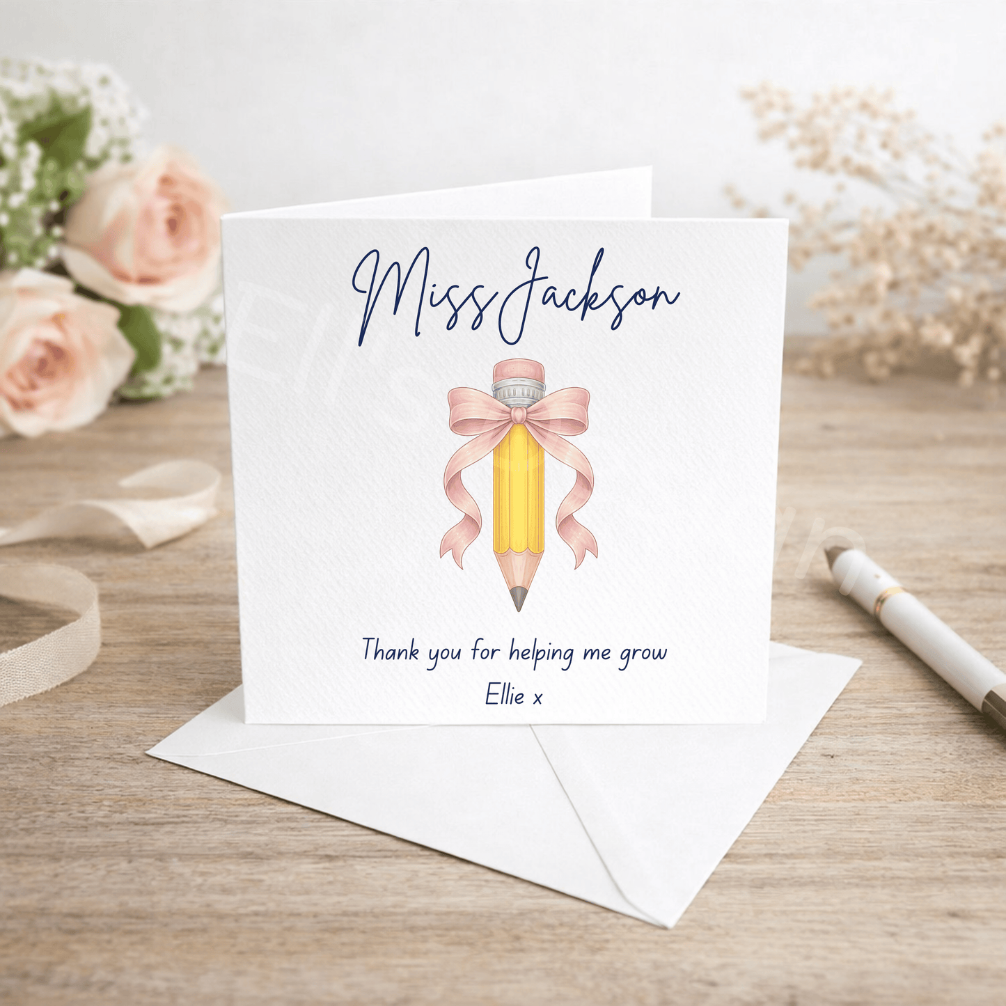 Personalised Teacher Card-Bow Pencil Theme