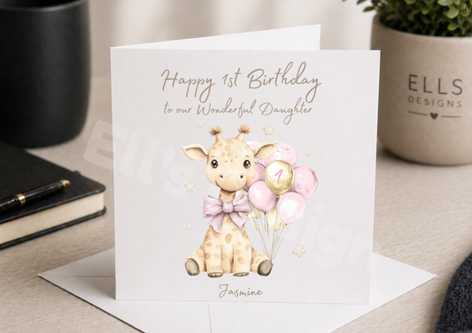 Pink Giraffe  Theme Personalised Birthday Card