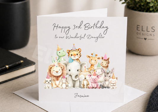 Birthday Hat Animal Theme Personalised Birthday Card