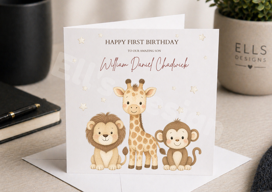 Baby Animal Theme Personalised Birthday Card