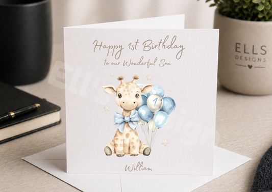 Blue Giraffe Theme Personalised Birthday Card